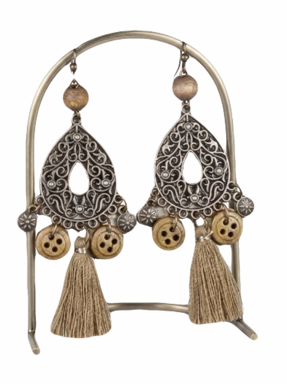 New Bohemian Tibetan Silver Tassel & Button OOAK Artisan Ethnic Dangle Earrings